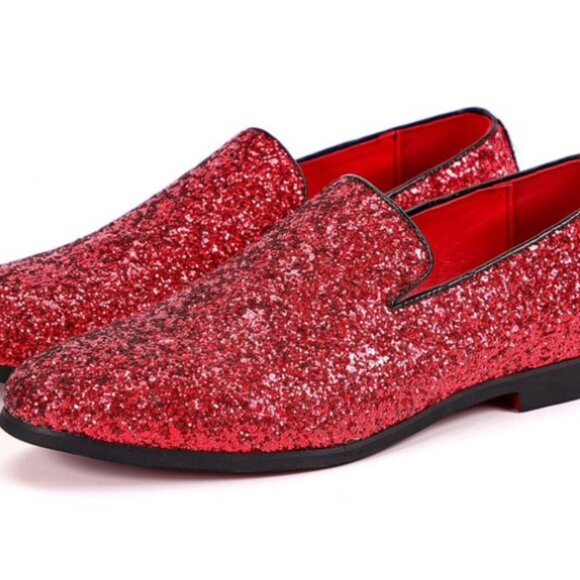 Santimon Men's US 9, 12 Red Glitter Slip On Loafers Sequin Dress Shoes - Picture 1 of 11